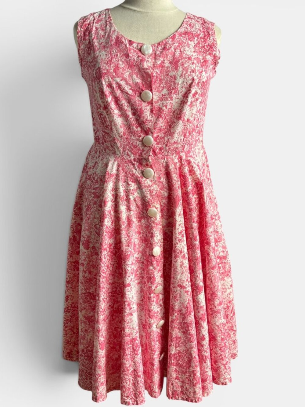 Vintage 1950s Pink Floral Cotton Fit & Flare Button Down Day Dress M/L